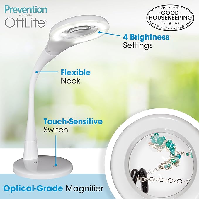 OttLite Prevention LED Magnifier Lamp, White, Shipper