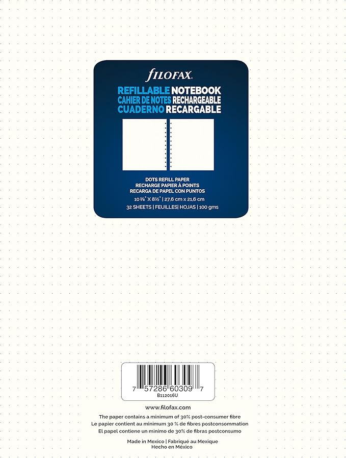 Filofax Notebooks Letter Dotted Journal Refill, Moveable, 10 7/8 X 8 1/2, 32 Cream Sheets Fits Refillable Letter Journals (B112016U)