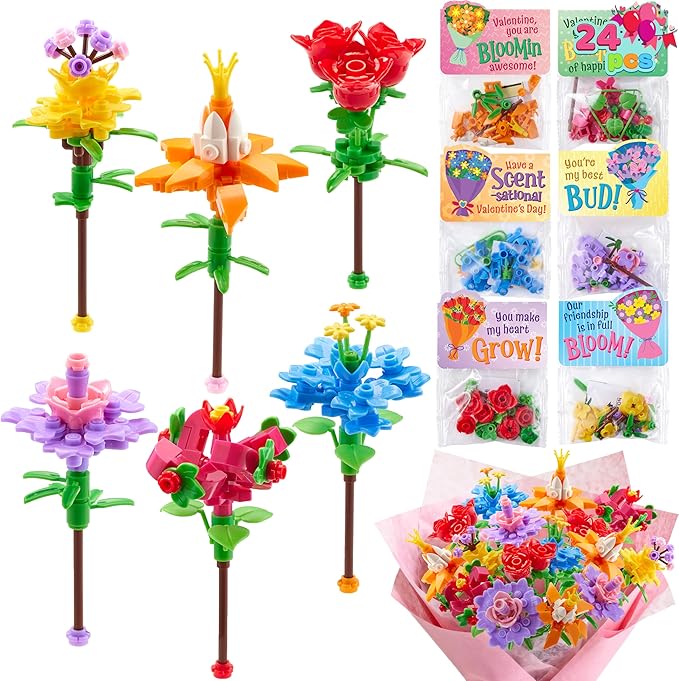 JOYIN 24 Pcs Valentine's Day Flower Bouquet Building Blocks with Cards, 6 Flower Block Designs with 6 Matching Tags, Valentines Day Gifts for Kids School Classroom Exchange Prize Party Favor