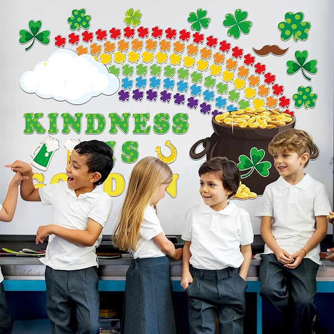 155PCS St.Patrick's Day Bulletin Board Decoration Set Shamrock Bulletin Board Decoration Kindness is Golden Cutouts for Bulletin Board St.Patrick’s Party Supply Classroom Chalkboard Wall Decor