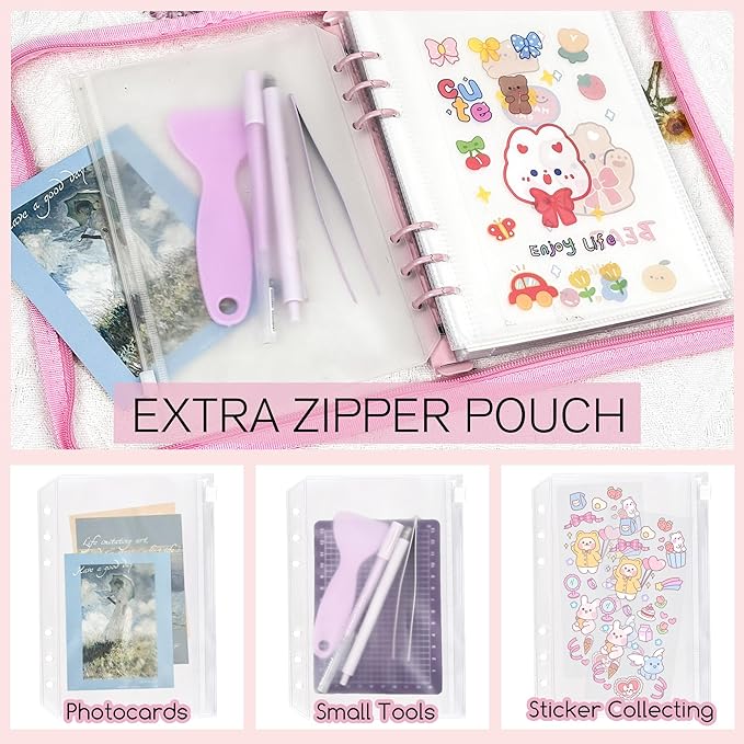 5-in-1 Sticker Organizer Book Reusable A5 Storage Binder with 220 Pockets,10 Release Papers, Zipper Album Sticker Collecting Display Keeper (Pink)