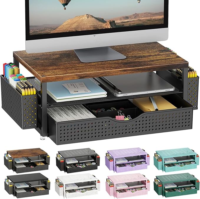 gianotter Wood Monitor Stand Riser, Office Desk Shelf Organizer, Desk Organizer with Drawer and Pen Holder, 2-Tier Computer Stand, Office Organization (Wood)