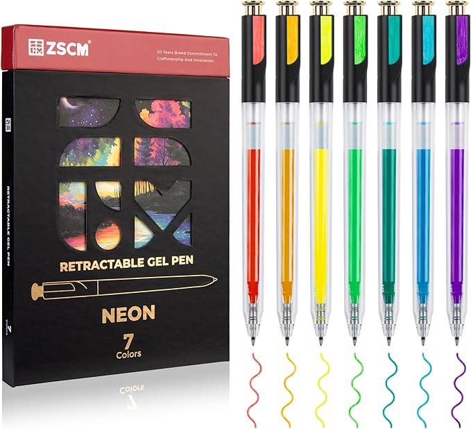 Retractable Neon Gel Pens, 7 Colors Large Capacity Ultra Fluorescent Gel Ink Pens for Adult Coloring, 1.0 mm Fine Point Smooth Writing Color Pen for Highlighting Note Taking Aesthetic Art Supplies