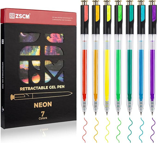 Retractable Neon Gel Pens, 7 Colors Large Capacity Ultra Fluorescent Gel Ink Pens for Adult Coloring, 1.0 mm Fine Point Smooth Writing Color Pen for Highlighting Note Taking Aesthetic Art Supplies