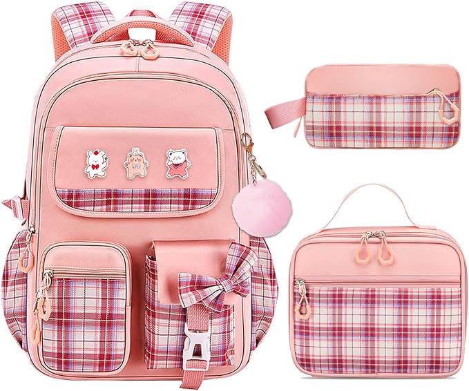 3PCS Girls Backpack Set for School - Cute Kids Bookbag with Lunch Box & Pencil Case, Stylish Backpack Combo for Girls Preschool Elementary Middle High School Students Teens Pink