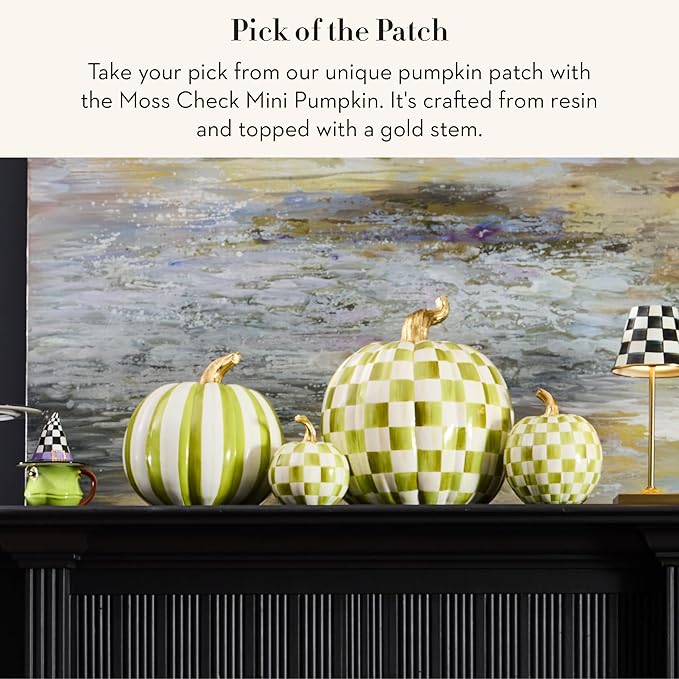 MACKENZIE-CHILDS Pumpkin, Resin Halloween and Fall Decor, Mini, Olive-Green Moss Check