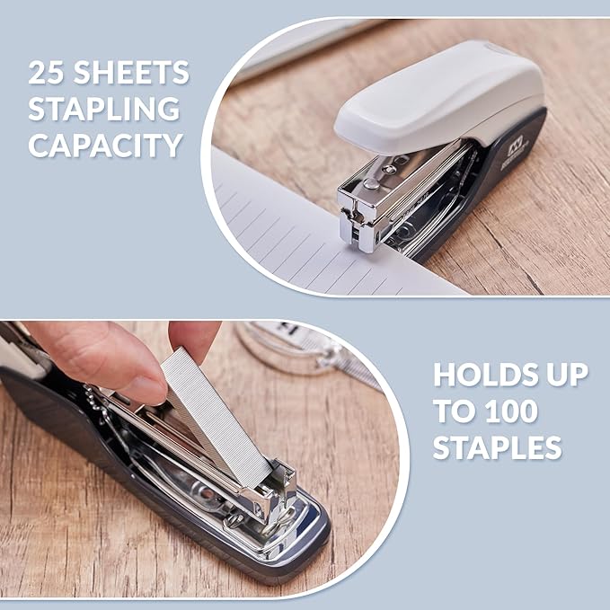 NEEWAY Effortless Stapler 25 Sheets Capacity, Jam Free, 4 in 1 Office Supplies Set with Staple Remover, 100pcs Paper Clips and 1000 Staples for Desk, Home (White)