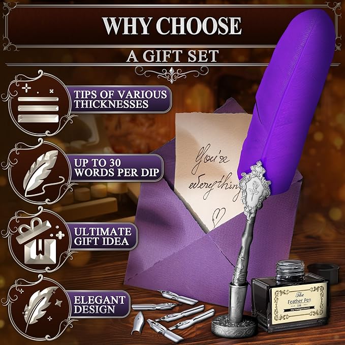 Victorian Writing Quill and Ink Set – Stainless Steel Dip Pen Feather Quill Pen and Ink Set with 5 Nib Refills, Secure Textured Grip, Gift-Ready Box with Display Stand – Calligraphy Gift Set (Purple)