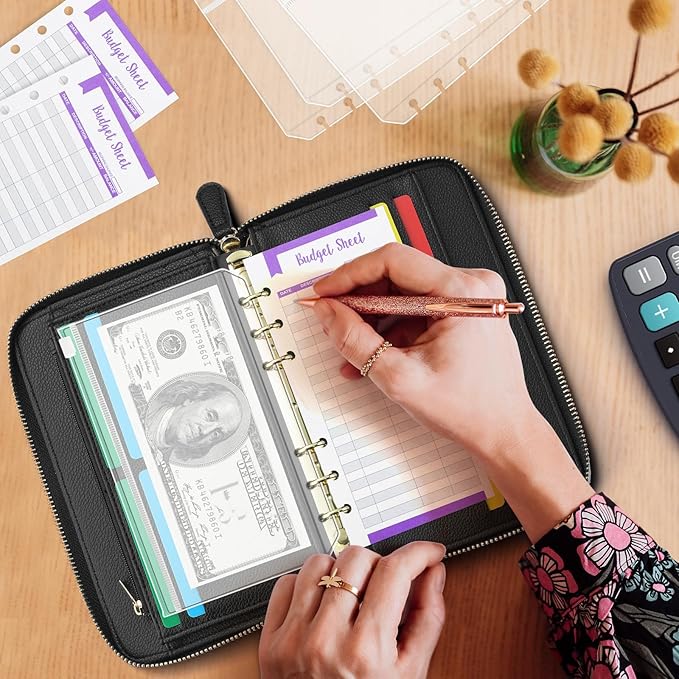 SEEKIND A6 Budget Binder, Money Saving Binder with Zipper Envelopes, PU Leather Wallet Budget Planner,Cash Envelopes and Expense Budget Sheets for Budgeting(Black)