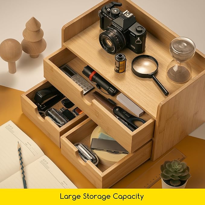 MEEDEN Bamboo Desk Organizer with Drawers: Desktop Storage Container with Shelf - Tabletop Storage Organization Box for Office Home Toiletries Supplies