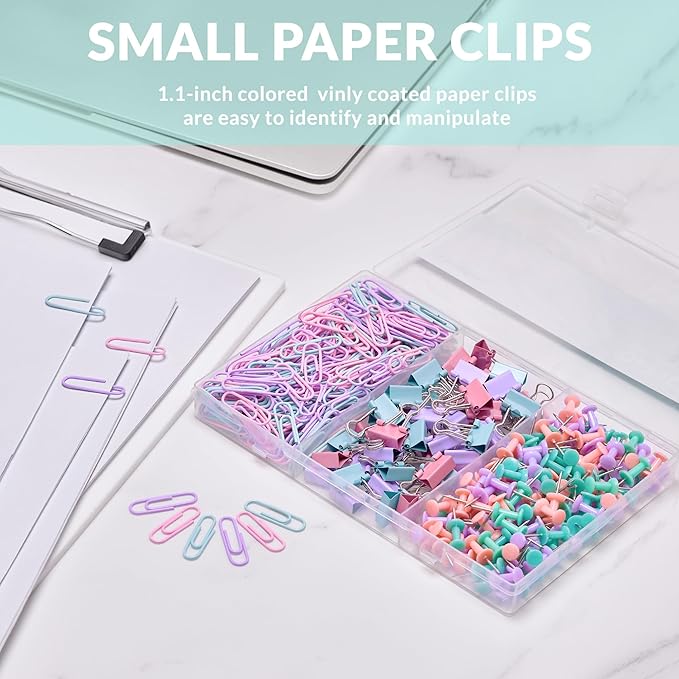 350pcs Paper Clips Binder Clips and Push Pins Set, Small Clips Office Supplies in Compartments Container for Multipurpose Document Organization (Pastel)