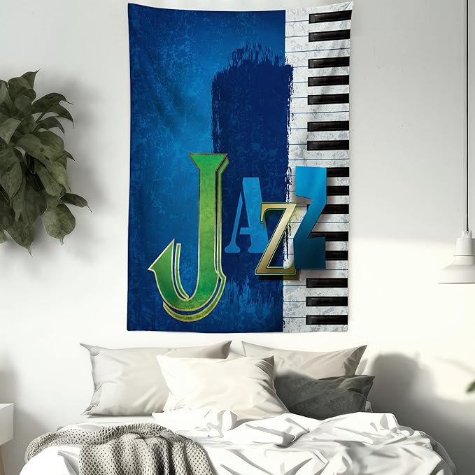 Ambesonne Jazz Music Tapestry Queen Size, Abstract Cracked Background Piano Keys Themed Print Rhytym Image, Wall Hanging Bedspread Bed Cover Wall Decor, 88" X 88", Navy Green White