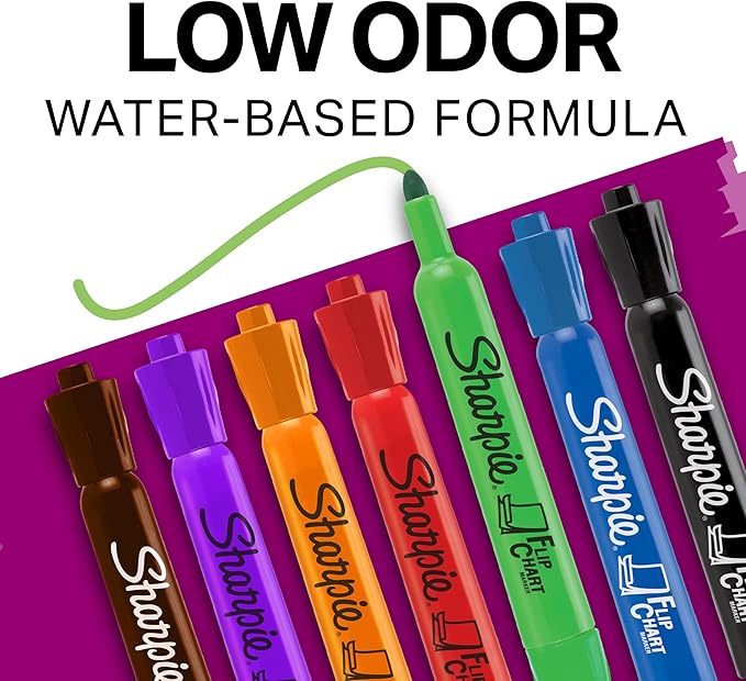 Sharpie Flip Chart Markers, Bullet Tip, Assorted Colors, 8 Count - Low-Odor, Squeak-Free, Home, Office, Back to School, Teacher Supplies