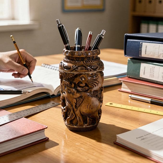 Craft Trade Hand Carved Wood Pen Holder for Desk Organizer for Home School Office Supplies Pencil Cup Pot Storage Box Suitable for Stationery - Lovely Wood