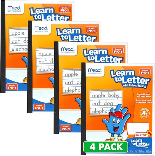 Mead Learn to Letter Writing Tablet, Handwriting Practice Pad Grades PK-1, 10" x 8", Solid & Dotted Raised Ruling, 40 Sheets, 4 Pack (480018)