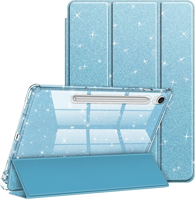 Fintie Slim Case for Samsung Galaxy Tab S10 Lite/ S10 FE/ S9 FE 5G 10.9 Inch/Tab S9 11 Inch with S Pen Holder, Glittering Sparkly Shockproof Cover with Shiny Clear Back Shell, Auto Wake/Sleep, Blue