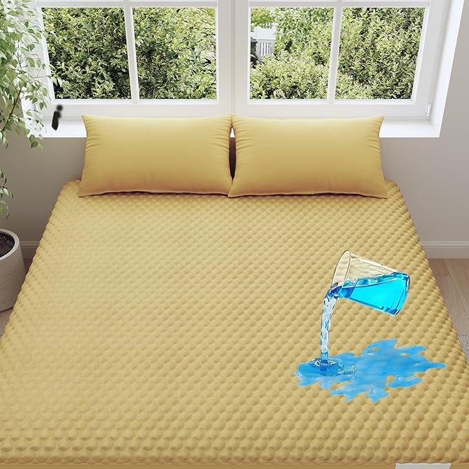 OhGeni 100% Waterproof Mattress Protector,Queen Size Mattress Soft Pad,Hair & Bedwetting Resistant,Cooling Breathable Fitted Sheets,Washable Bed Cover,Non-Slip Deep Pocket,Noiseless for Bedroom,Yellow