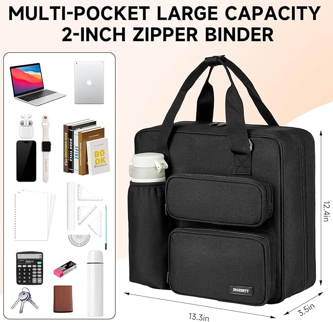 Zipper Binder 3 Ring, 500 Sheets Capacity, Binder 2 Inch with Shoulder Strap Fits 13 Inch Laptop for School and Office,Black