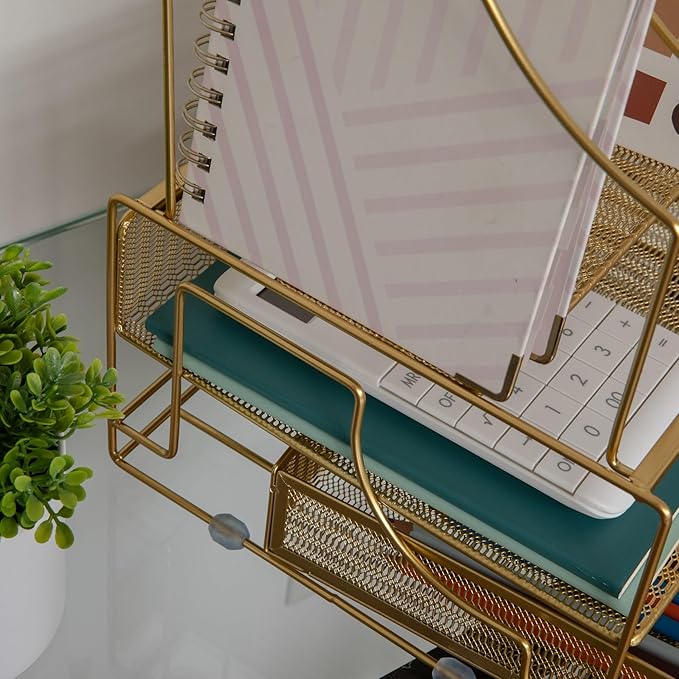 Martha Stewart Ryder Gold Mesh Metal Large Desktop Organizer With Paper File Letter Holder Organizer and Drawer