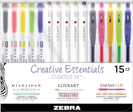 Zebra Pen Creative Essentials Starter Set, Includes 5 Highlighters, 5 Markers and 5 Sarasa Clip Retractable Gel Pens, Assorted Ink Colors, 15-Pack (76115)