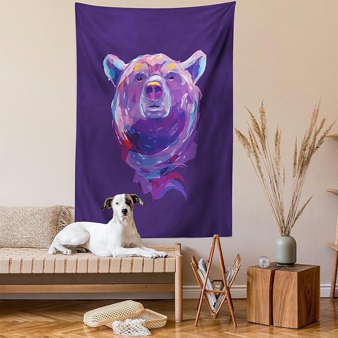 Ambesonne Bear Tapestry, Abstract Portrait with Digital Brushstrokes Wildlife Mascot Display, Wall Hanging for Bedroom Living Room Dorm Decor, 60" X 80", Purple Pink Sky Blue