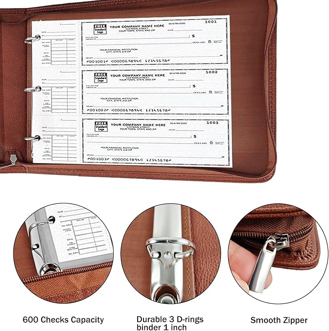 LLi Cufite 3 Rings Check Binder for End-Stub Deskbook Checks, Zipper Business Check Binder, 3 on a Page, Fit 3 & 9 Holes Check Faux Leather (Brown)