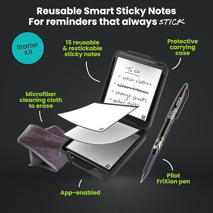 Rocketbook Reusable Sticky Notes Starter Pack, Restick and Reorganize Memo Pads, 3"x3", 15 Black Sticky Notes, Includes Pen, Towel + Carrying Case (Kit of 1)