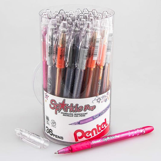 Pentel Sparkle Pop Iridescent Gel Pens, (1.0mm) Bold Lines, Assorted Ink (A/C/D/F/P/V/x/Z) 36-PK Canister (K91PC36M)