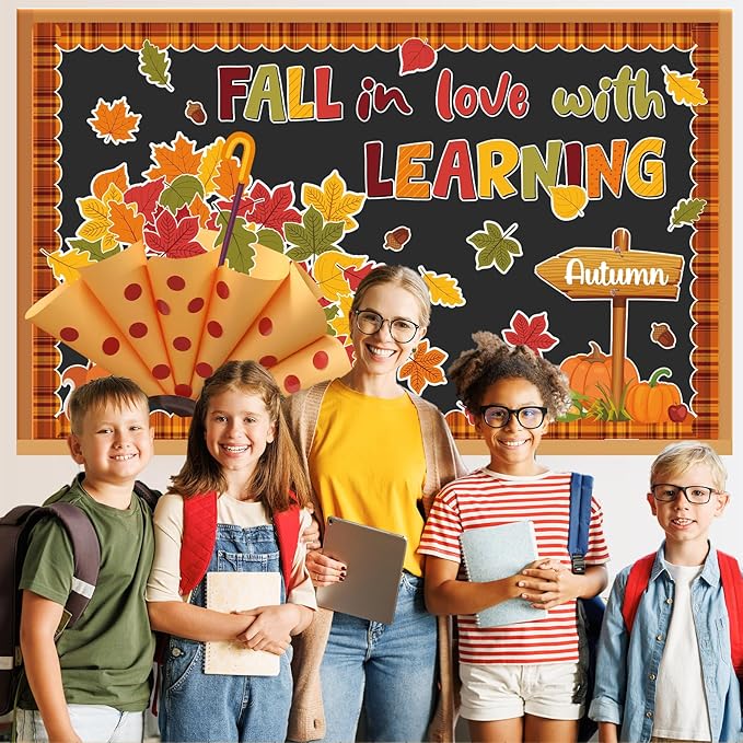 3D Fall Bulletin Board Set Autumn Classroom Decorations Umbrella Cutouts Fall in Love with Learning Paper Cutouts 101Pcs for Thanksgiving School Chalkboard Home Wall Door Teacher Supplies