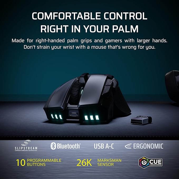 Corsair IRONCLAW Wireless SE Gaming Mouse – 26,000 DPI, Ergonomic Design for Larger Hands, 10 Programmable Buttons, for MOBA, FPS, MMO – Black
