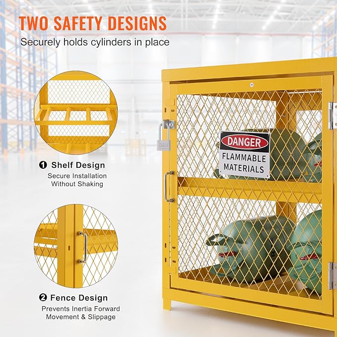 VEVOR Horizontal Cylinder Storage Cabinet, 4 x 33 lbs Cylinder Capacity, 31.02x30.04x35 inch Propane Storage Cage, Gas Cylinder Cabinet, Yellow Powder Coat Finish, for Freon, Gases, Oxygen, Nitrogen