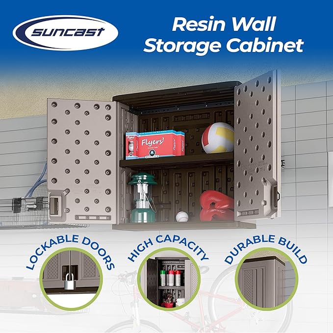 Suncast BMC3000 Cabinet-Resin Construction for Wall Mounted Garage Storage, 30.25" Organizer Doors & Slate Top, Silver/Platinum