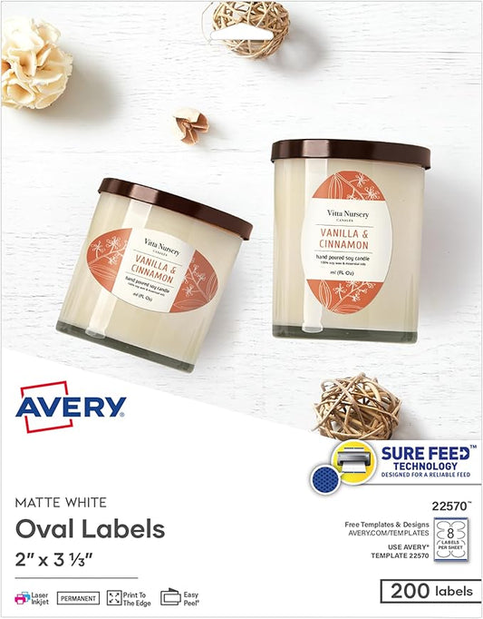 Avery Printable Blank Oval Labels, 2" x 3-1/3", Matte White, 200 Customizable Labels (22570)