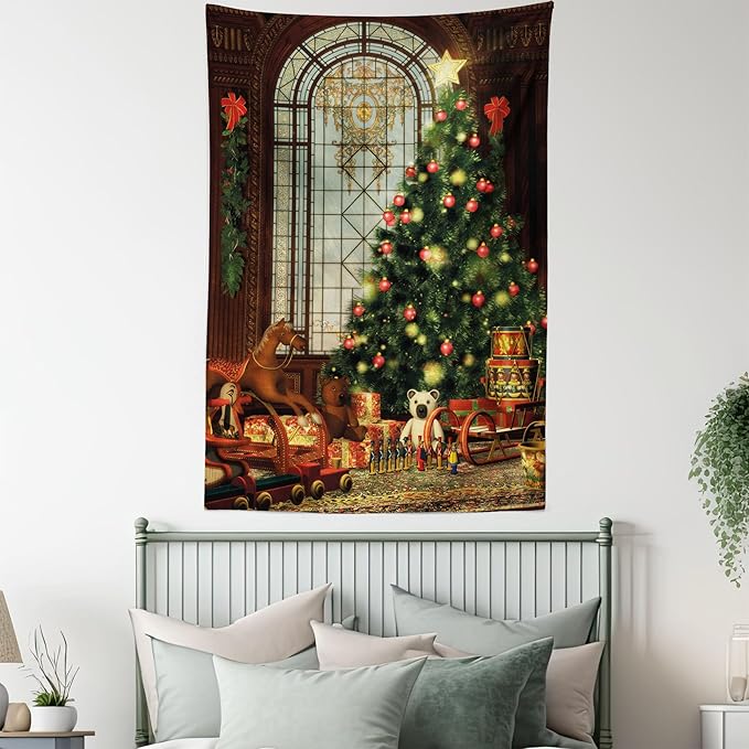 Ambesonne Christmas Tapestry Twin Size, Vintage Ambiance Big Old Fashioned Window Xmas Tree Various Presents, Wall Hanging Bedspread Bed Cover Wall Decor, Twin Size, Brown Red Green