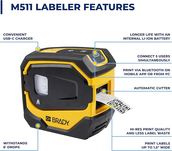 Brady M511 Portable Wireless Industrial Label Printer, Bluetooth Compatible, Comes with a Hard Case, Power Brick, 3 Label Cartridges, Magnet, Utility Hook and Brady Workstation Product/Wire Suite