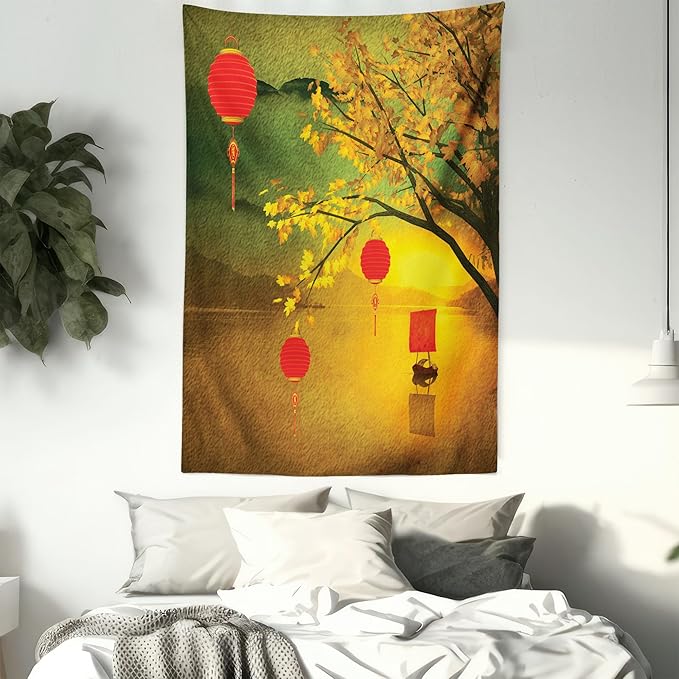 Ambesonne Oriental Tapestry Twin Size, Traditional Chinese Folk Hanging from Pale Fall Trees Lake Faded Nature Photo, Wall Hanging Bedspread Bed Cover Wall Decor, 68" X 88", Yellow Green