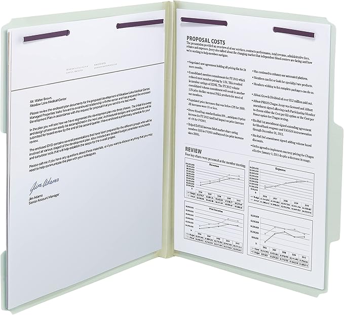 Smead Pressboard Fastener File Folder with SafeSHIELD Fasteners, 2 Fasteners, 2/5-Cut Tab Right of Center Position, 2" Expansion, Guide Height, Letter Size, Gray/Green, 25 per Box (14982)