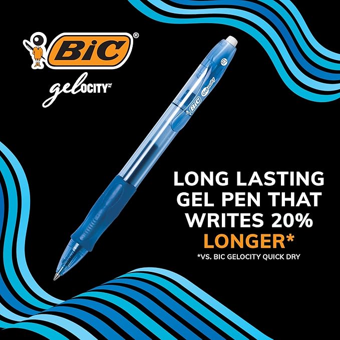 BIC Gelocity Original Black Gel Pens, Medium Point (0.7mm), 12-Count Pack, Retractable Gel Pens With Comfortable Grip
