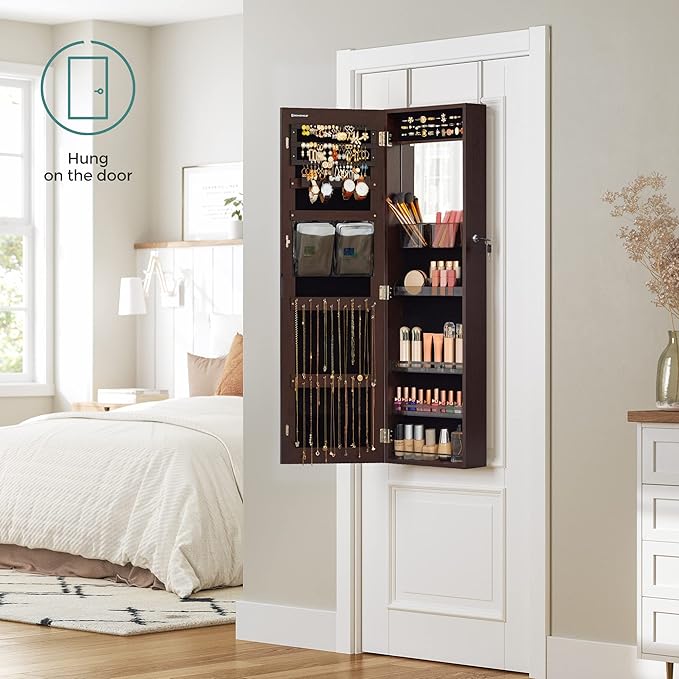 SONGMICS Jewelry Cabinet Armoire, Wall or Door Mount Storage Organizer with Full-Length Frameless Mirror, Lockable Cabinet with Built-in Small Mirror, Shelves, Gift Idea, Brown UJJC003K01