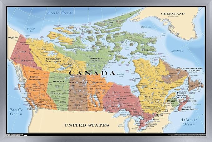 Map - Canada Wall Poster, 34L" x 22.4W", Silver Framed Version