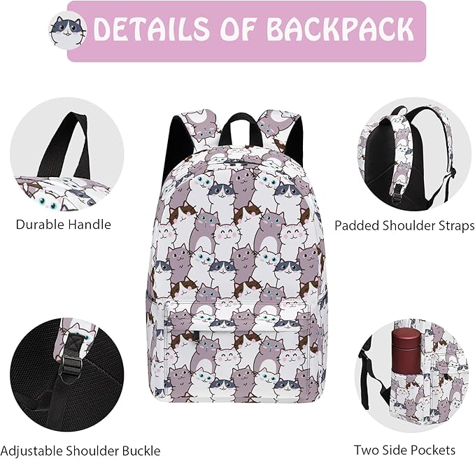 Cat Cute 3PCS Backpack Set for Teens Elementary Middle High School, 17 Inch Lightweight Classic Backpack 3 in 1 Set for Girls Boys, Kids Back to School Backpack with Lunch Box Pencil Case