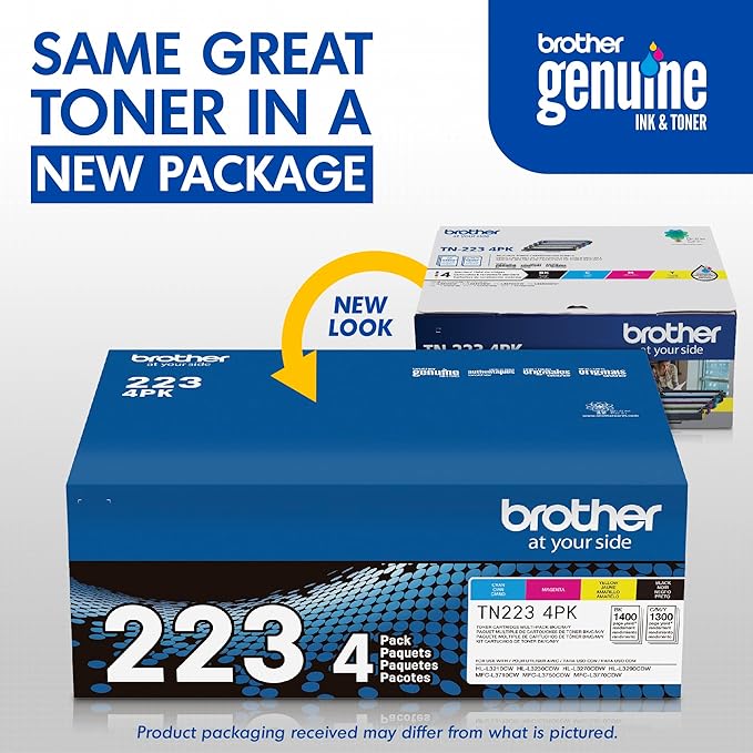 Brother Genuine Standard-Yield Toner Cartridge Four Pack TN223 4PK - includes one cartridge each of Black, Cyan, Magenta & Yellow Toner, Standard Yield, Model: TN2234PK