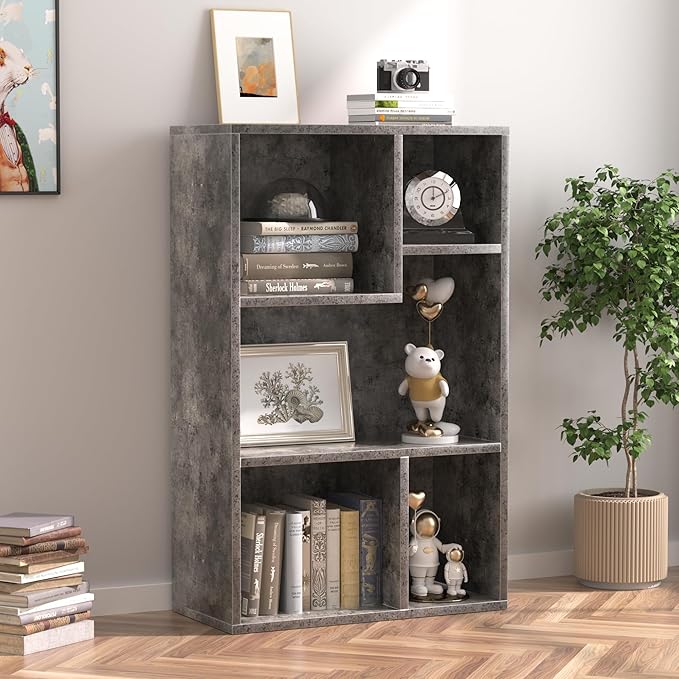 VECELO Contemporary Bookshelf, 5 Cube Shelf, Fits Tallest Hardcovers, Horizontal Available, Storage Organzier for Home Office,Gray
