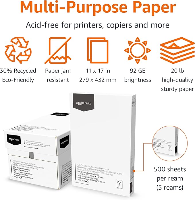 Amazon Basics 30% Recycled Multipurpose Copy & Print Paper, 11 x 17 Inches, 20 lb Weight, 92 Bright, White, 2500 Sheets (5 Reams)