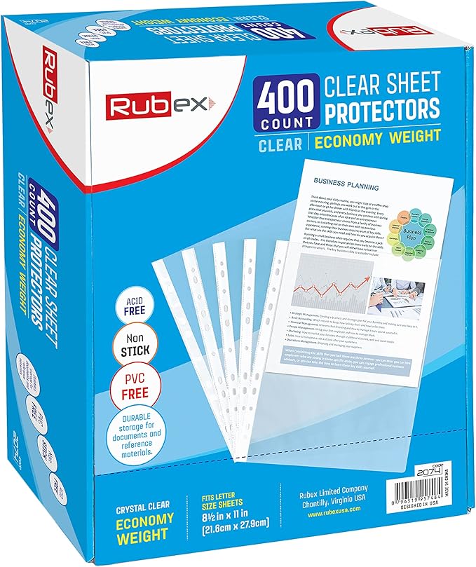 Rubex Sheet Protectors 8.5 x 11 inch Clear Page Protectors Plastic Sleeves Reinforced 11 Hole fit for 3 Ring Binder Top Loading 9.25 x 11.25 inch (400 Sheets)