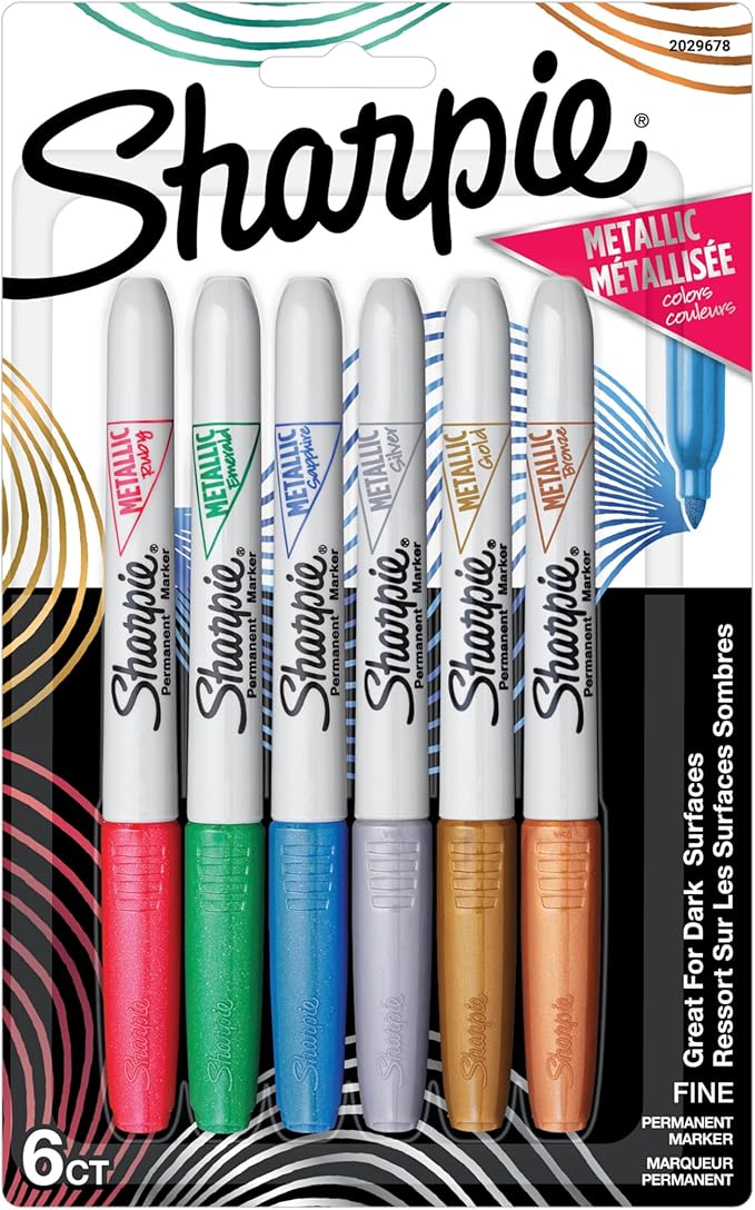Sharpie Metallic Permanent Markers, Fine Tip, Assorted Colors, 6 Count - Arts & Crafts, Quick Drying, Great for Dark Surfaces