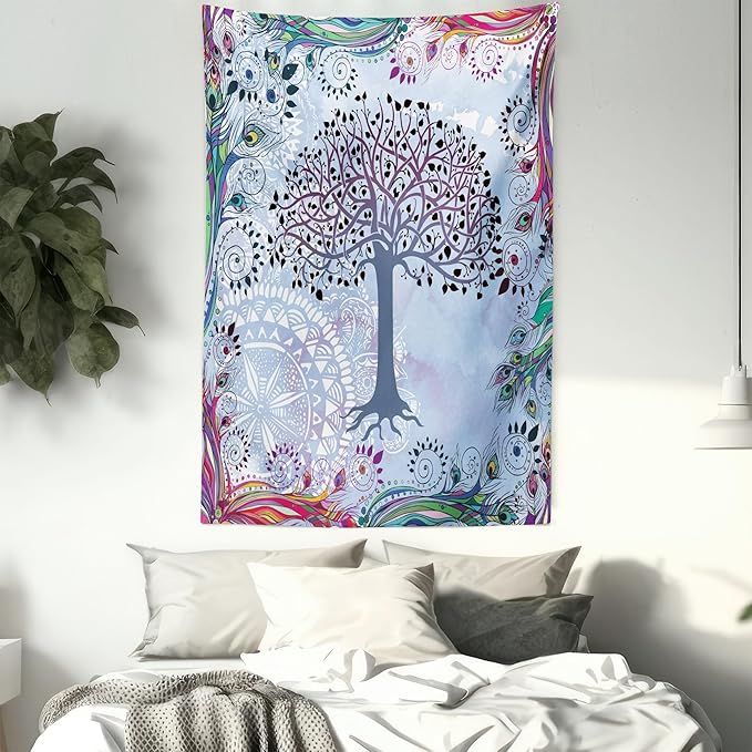 Ambesonne Nature Tapestry, Tree of Life Motif Peacock Feathers Tribal Vintage Prehistoric Flora Illustration, Wall Hanging for Bedroom Living Room Dorm Decor, 40" X 60", Blue