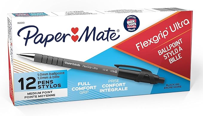 Paper Mate FlexGrip Ultra Retractable Ballpoint Pens Medium Point Black Box of 12