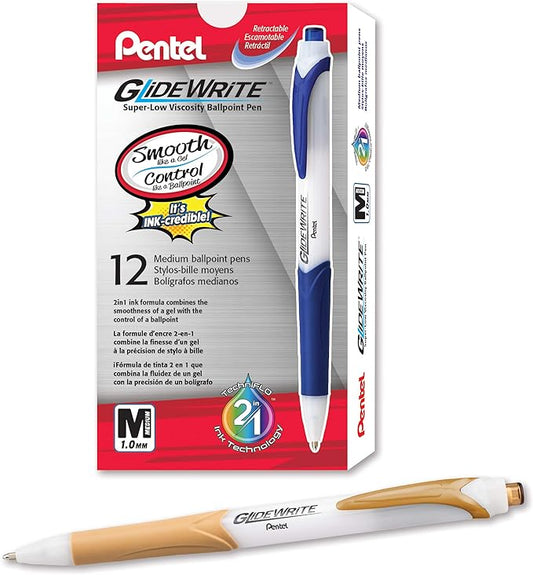 Pentel GlideWrite Ballpoint Pen with TechniFlo Ink, (1.0mm) Medium Line, Antique Gold Ink, Box of 12 (BX910-X)
