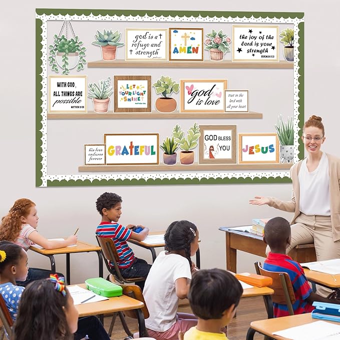 Christian Plant Inspirational Bulletin Board Set Spring Jesus Bible Verse Bulletin Board Sunday Back to School Potted Motivational Cutouts Greenery Religious for Classroom Chalkboard Wall Door Decor